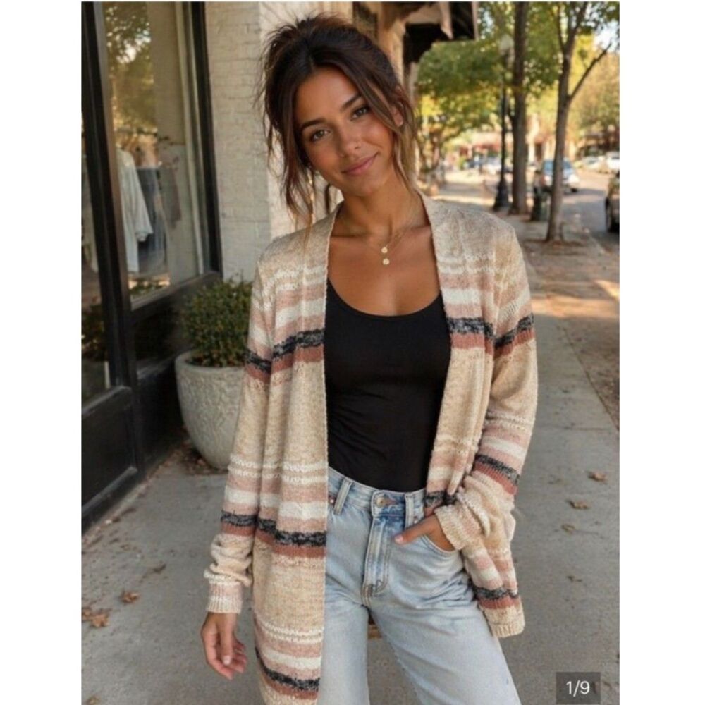 Striped Open Front Cardigan Large Longline Duster Neutral Boho